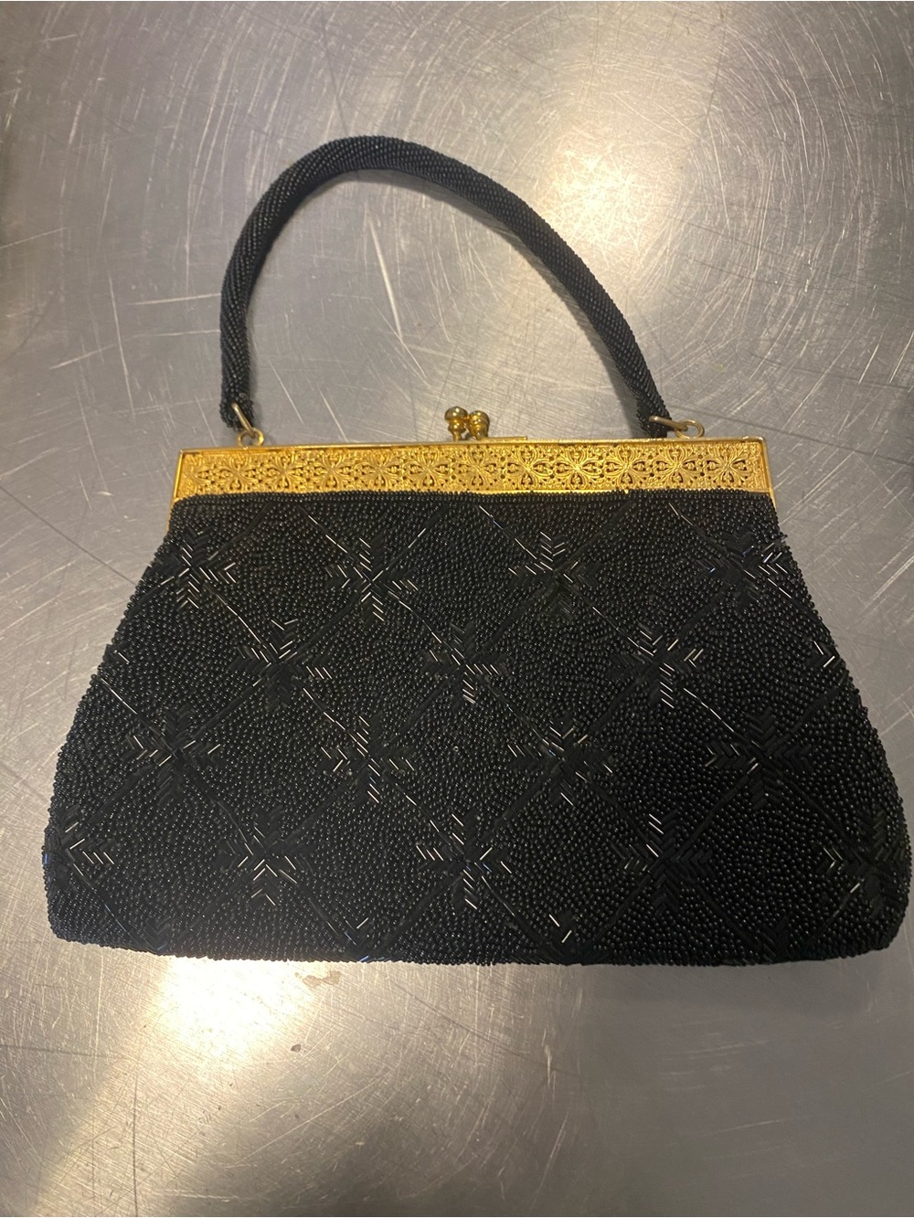 Vintage-Inspired Black Beaded Evening Bag with Gold Frame